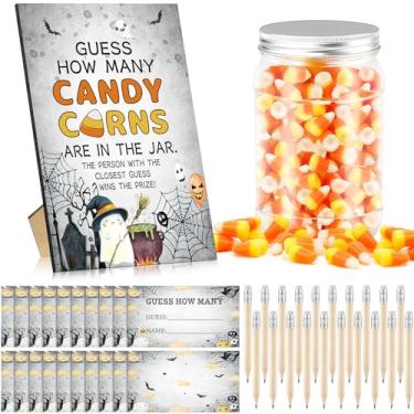 Imagem de Honeydak Guess How Many Candy Corns Jogo de festa de Halloween 50 cartas de adivinhação 20 lápis 1 pote 1 placa de pé Halloween chá de bebê festa jogo para adultos Adivinhe quantos doces estão no pote