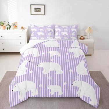 Imagem de Castle Fairy Lindo jogo de edredom de urso polar, tamanho casal, listras roxas, para adultos, adolescentes, urso polar, branco, estrela, floco de neve, conjunto de colcha para decoração de quarto, 3