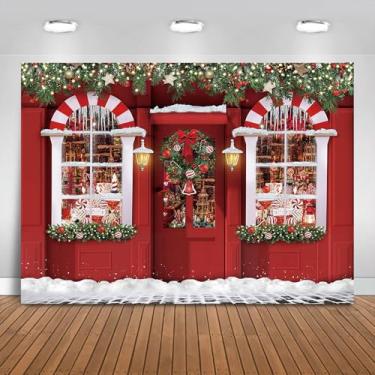 Imagem de Fitumiw Pano de fundo de loja de doces de Natal 2,4 x 1,8 m para fotografia de loja de presentes de Natal, decoração de festa, faixa de loja de brinquedos do Papai Noel, suporte para cabine de fotos