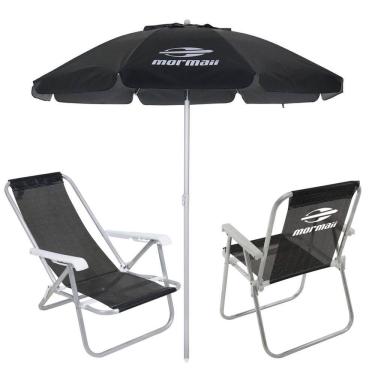 Imagem de Kit 2 Cadeiras Alta e Reclinável Alumínio + Guarda Sol Bagum 2m Preto Mormaii - Belfix