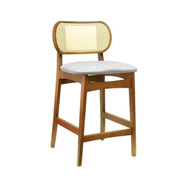 Imagem de Banqueta Organik Encosto Anatômico com Telinha Rattan Natural - Amêndoa - Assento Estof. Linho Cinza Mescla Impermeável