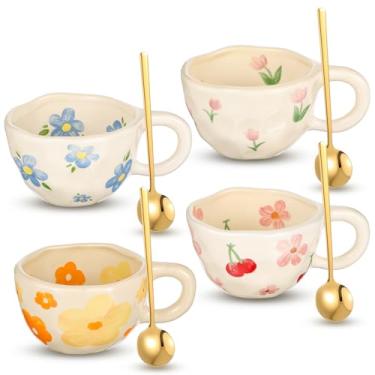 Imagem de mekueeex Conjunto de canecas de café com flor de cerâmica de primavera fofa de 4 estilos, 241 g, vintage, estética, porcelana, floral, chá, café, com alça, lava-louças, micro-ondas, presente de Páscoa