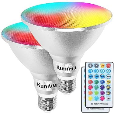 Imagem de Kuniwa Pacote com 2 lâmpadas de holofote PAR38 para ambientes externos 30W, holofote LED que muda de cor à prova d'água, equivalente a 100 W, temporização, remoto, luz de varanda RGB E26 para