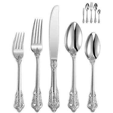 Imagem de KEAWELL Conjunto de talheres de luxo de 65 peças, aço inoxidável 18/10, serviço para 12, acabamento espelhado, design barroco antigo, pode ser lavado na lava-louças (prata)