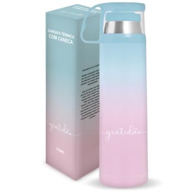 Imagem de Garrafa Térmica Inox 470ml Com Tampa Caneca 130ml Gratidão Portátil Para Viagem Escritório Academia Café Chá Bebidas Quentes ou Frias Resistente Durável Presente Aniversário Trilha Trabalho Camping