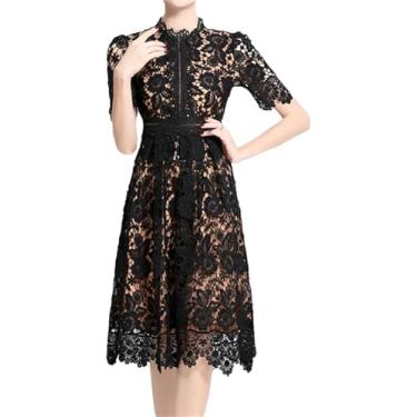 Imagem de Mulheres Renda Vestido Estampado Oco Gola Redonda Manga Curta Casual Festa Linha A Vestidos Midi, Black, XL
