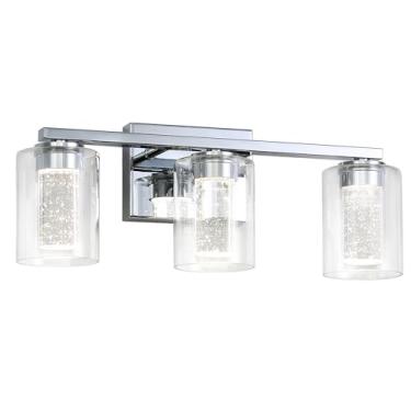 Imagem de FILIMITIY Luminária de banheiro cromada de 3 luzes, luzes de banheiro cromadas reguláveis 5CCT, 2700K-6500K Arandela de parede de LED moderna com bolha de cristal sobre espelho com vidro transparente