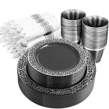 Imagem de Conjunto de louças NOCCUR preto/prata 210 unidades para 30 convidados