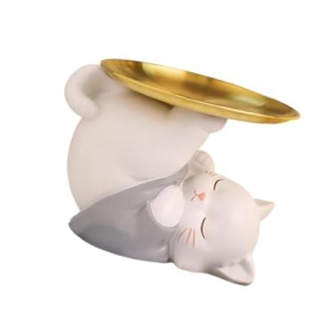 Imagem de IEUDNS Estátua de gato de resina com bandeja, decoração para casa, escultura de animal engraçado, armazenamento, porta-chaves para prateleira, armário de TV,