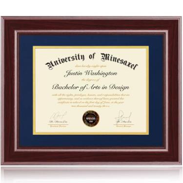 Imagem de Minesaxel Molduras de diploma de 28 x 35 cm com tapete azul, serve para documento de certificado de graduação, moldura vermelha cereja de 35 x 28 cm com painel de vidro temperado para montagem na
