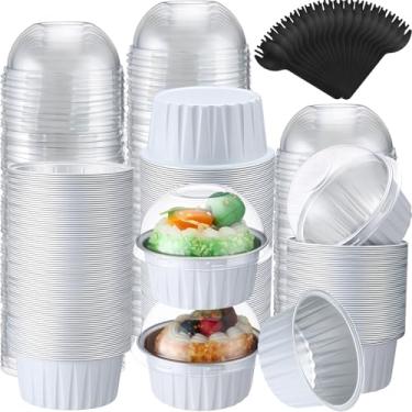 Imagem de Gandeer 200 forros de cupcake de 142 g com tampas e colheres de cúpula, copos redondos de alumínio para assar, latas de muffin descartáveis, ramequins de sobremesa para casamento, aniversário