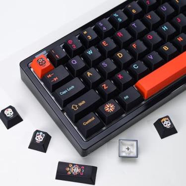 Imagem de YMKPVR KBDiy Mictlán Teclas de sublimação de tinta de cinco lados, 143 teclas Cherry Profile PBT Conjunto de teclas com tema de Halloween laranja para teclado mecânico 61/64/68/84/87/100/104/108