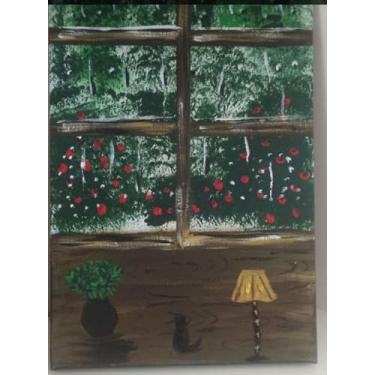 Imagem de Quadro Decorativo Rústico em Madeira com Flores Vermelhas e Luminária, Arte para Parede 29 * 20 cm