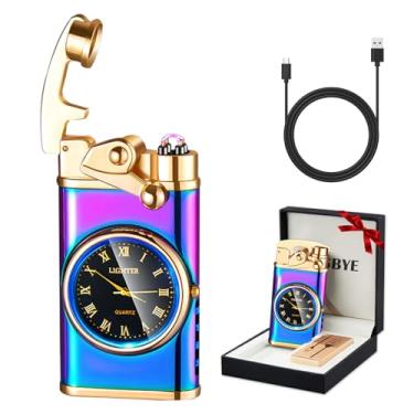 Imagem de RSBYE Isqueiro elétrico recarregável por USB, isqueiros de plasma de arco duplo à prova de vento, isqueiros eletrônicos sem chama com indicação de bateria LED para homens (relógio mágico)
