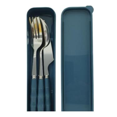 Imagem de Jogo de Talher Com Estojo Inox 3 peças Com Cabo De Plástico Marmita(Azul)