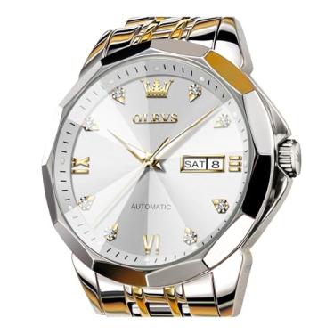 Imagem de OLEVS Relógio masculino automático, clássico, mecânico, espelhado, de aço inoxidável, casual, impermeável, calendário de dia/data, Branco