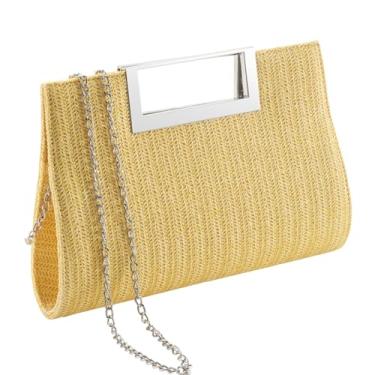 Imagem de WALLYN'S Bolsa clutch feminina de couro poliuretano/palha para festa noturna de metal com alça de corrente de ombro, Palha amarela, Large