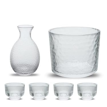 Imagem de JOEUQK Conjunto de 6 peças de saquê de vidro, garrafa de saquê de 300 ml e 4 copos de saquê, 1 tanque de saquê, garrafa de saquê fria/quente/quente, artesanato, A