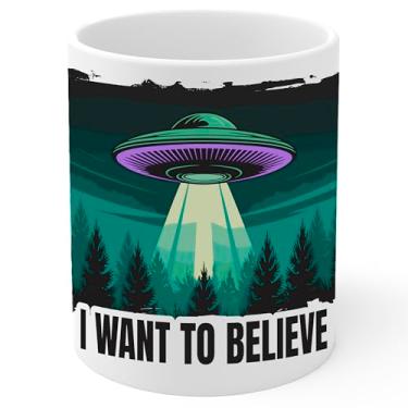 Imagem de Caneca de café de cerâmica I Want to Believe 325 ml UFO Alien X Files - Caneca de chá e café com aderência confortável - Presente divertido exclusivo copo branco para escritório ou casa - Impressão