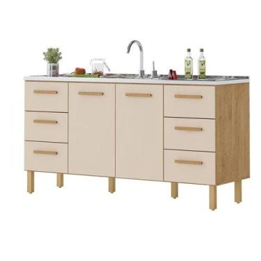 Imagem de Balcão Belém Para Pia 1,60m Com Portas E Gavetas Amêndoa Off - MILANI 