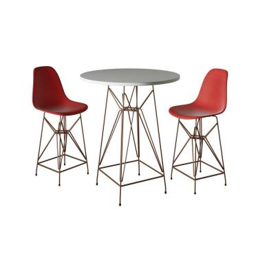 Imagem de Jogo Mesa Bistrô Eames Branca 60Cm 2 Banquetas Vermelha Base Ferro Cobre - Cor: Branco