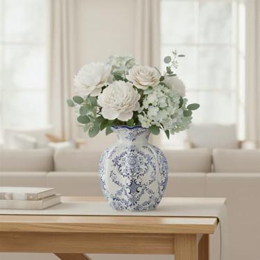 Imagem de Geniff Vaso de cerâmica vintage rústico azul e branco de 14 cm, decoração de cerâmica de fazenda estética para sala de estar, sala de jantar, estante de livros e escritório