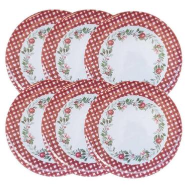 Imagem de Jogo 6 Pratos De Jantar Natalino Melamina Folhagens, Azevinhos E Romã Borda Xadrez Bordô Fosco 27,5cm
