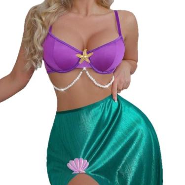 Imagem de Censecoppzen Fantasia feminina de princesa sereia para dramatização, biquíni, sutiã estrela-do-mar e vestido de concha, Leopardo, GG