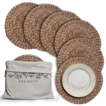 Imagem de Jogo americano redondo de tecido, conjunto de 6 (38 cm) com bolsa de juta – tapetes de mesa de jacinto de água tecidos à mão, decoração de jantar de fazenda boho, carregadores de vime resistentes ao