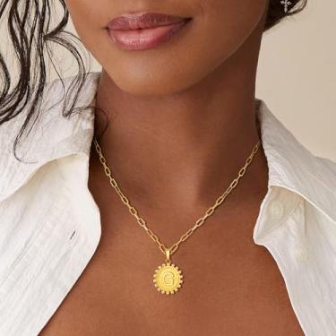 Imagem de Colar de letra A a Z para mulheres Boho Sunburst pingente de moeda com borda frisada alfabeto monograma corrente para camadas todos os dias, F, Aço inoxidável, Sem Pedra Preciosa