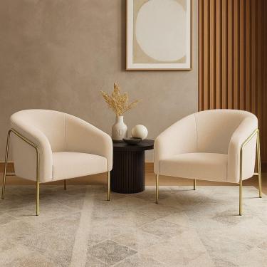 Imagem de Poltrona Sala Industrial Alta Dourado Kit 2 Stella Bouclê D03 - D`rossi Cor Bege