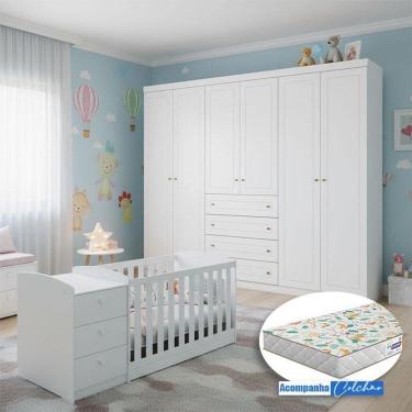 Imagem de Berço Multifuncional Atlanta E Guarda Roupa 6 Portas Americano Ambiente Branco Fosco Henn Com Colchão Gazin - Reller