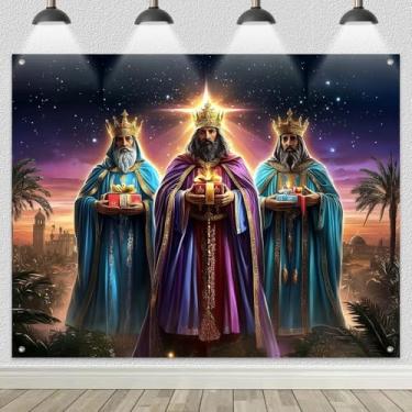 Imagem de HOMETITUTE Pano de fundo de Dia dos Três Reis 2,4 x 1,8 m Cena da Epifania Fundo de Fotografia Homens Sábios Trazendo Presentes Tema de Presépio Decoração Religiosa Faixa de Férias Cristãs para