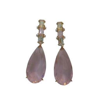 Imagem de Brinco Fusion 2 em 1, Rosa com Mini Zircônias, Banho de Ouro 18k