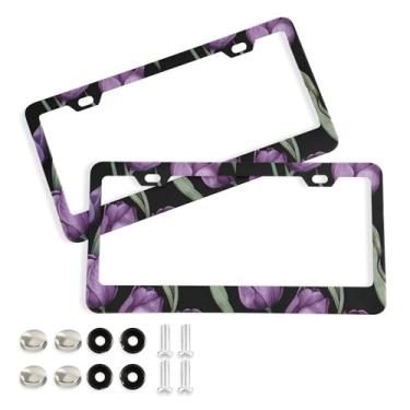 Imagem de SEHANY Molduras de placa de licença de flores florais coloridas, capas de moldura de placa de carro de alumínio à prova de ferrugem com orifícios elípticos e parafusos serve para veículos padrão dos
