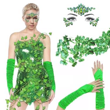 Imagem de Gintison Acessórios de fantasia de Halloween Ivy, conjunto de 3 peças de fantasia de cosplay verde, cosplay de Halloween feminino (conjunto de joias de rosto de hera)