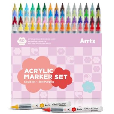 Imagem de Arrtx Canetas de tinta acrílica 60 cores, ponta de pincel de tinta de grande capacidade, conjunto de canetas acrílicas para colorir, desenhar, pintura rochosa, vidro, pedra, madeira, artesanato faça