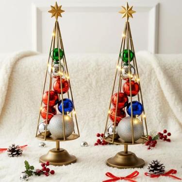 Imagem de LEIFIDE Decorações de mesa de Natal de 15,7 polegadas, 2 peças de decorações de mesa de cone de metal com topo de estrela e bolas, tiras de luz de LED para enfeite de mesa de festa de casamento de