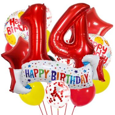 Imagem de Conjunto de decoração de aniversário de 14 anos vermelho, balão de 14 anos de coração, balão colorido de feliz aniversário de 14 anos para meninas, meninos, crianças, adultos, número vermelho, 14