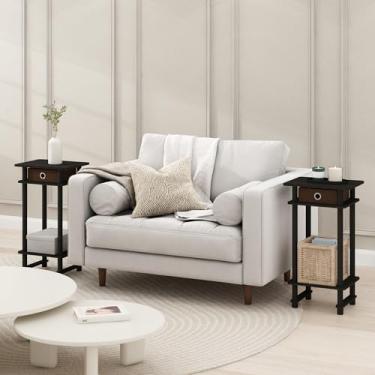 Imagem de Furinno Mesa de canto alto Turn-N-Tube, mesa lateral com lixo, preto expresso/marrom, conjunto de 2
