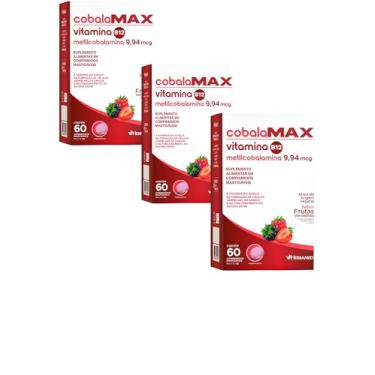 Imagem de KIT 3 Vitamina B12 c/60 Cobalamax Metilcobalamina mastigável Frutas vermelhas 9,94mcg