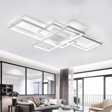 Imagem de Luminária de teto LED branca moderna, 90 cm, luz branca fria 6000K, lustre LED retangular de 3 anéis em alumínio e acrílico para sala de estar, quarto, sala de jantar e cozinha.