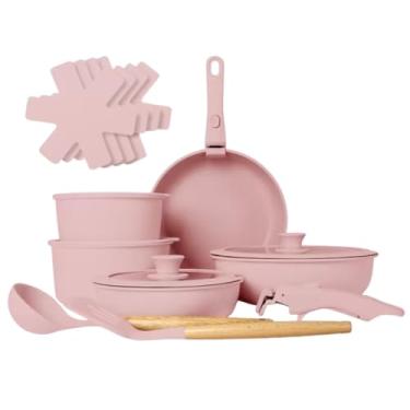 Imagem de Conjunto de Panelas 17 Peças com Alça Removível – Alumínio Fundido Antiaderente (Rosa)