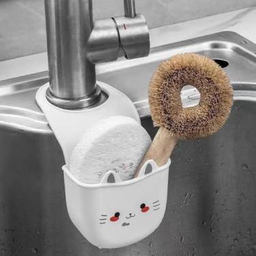 Imagem de 1 peça de cesta suspensa de gato branco com desenho animado suporte de esponja de silicone para pia bolsa de armazenamento pendurada