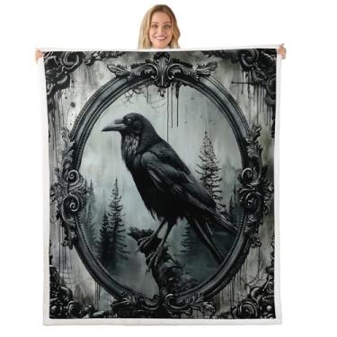 Imagem de Erosebridal Manta de pelúcia felpuda de corvo de Halloween preto pássaro corvo animal cobertor de lã gótico retrô Halloween sherpa floresta vida selvagem corvo decoração solteiro 152 cm x 203 cm para