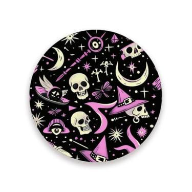 Imagem de JUZIHAI Conjunto de 4 porta-copos mágicos de caveira de Halloween, porta-copos redondos de pedra de cerâmica absorvente de 9 cm com base de cortiça, tapete de proteção de mesa para cozinha, bar