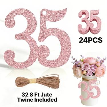 Imagem de ALISSAR 24 peças, ouro rosa, 35 etiquetas numéricas com barbante de juta de 32,8 m – decorações de aniversário de 35 anos, artigos de festa de 35 anos, peças centrais de pote de pedreiro, kit de