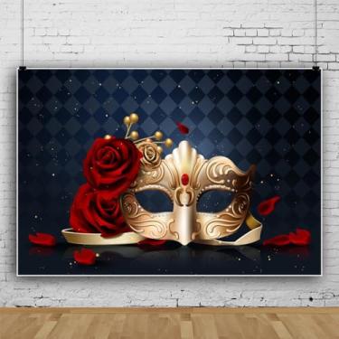 Imagem de Mardi Gras Happy Birthday Backdrop Máscara Rosa Dourada Cortina Vermelha Carnaval Decorações de Festa para Baile de Aniversário Dança Foto Adereços Vinil 3 x 2,4 m