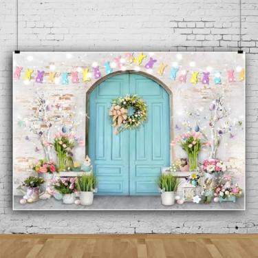 Imagem de Pano de fundo Happy Easter para porta de madeira azul, parede de tijolo branco, pano de fundo com coelhinho da Páscoa, pano de fundo fotográfico para decoração de festa de Páscoa, material de estúdio
