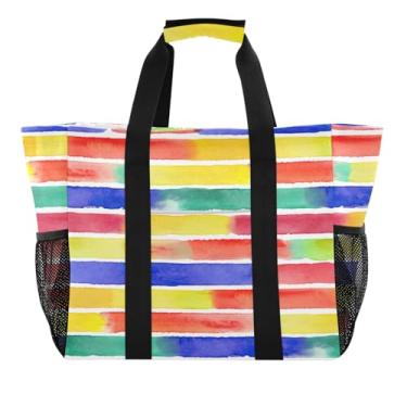 Imagem de ODAWA Sacola masculina com listras aquarela, bolsa de praia feminina à prova d'água com alças abertas, Listras aquarela, One Size